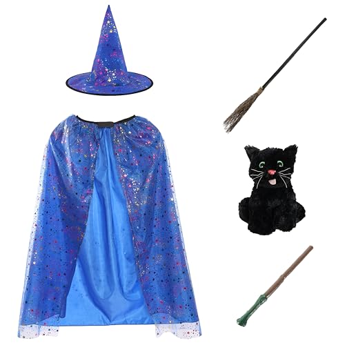 Hexen-Zubehör-Set für Mädchen, langer blauer Umhang mit silberner Sterndekoration, passendem Spitzhut, Zauberstab, Besen und schwarzer Katze, Kinderhexe, gruseliges Halloween-Weltbuchtagskostüm Hexen-Zubehör-Set für Mädchen, langer blauer Umhang mit silberner Sterndekoration, passendem Spitzhut, Zauberstab, Besen und schwarzer Katze, Kinderhexe, gruseliges Halloween-Weltbuchtagskostüm von I LOVE FANCY DRESS