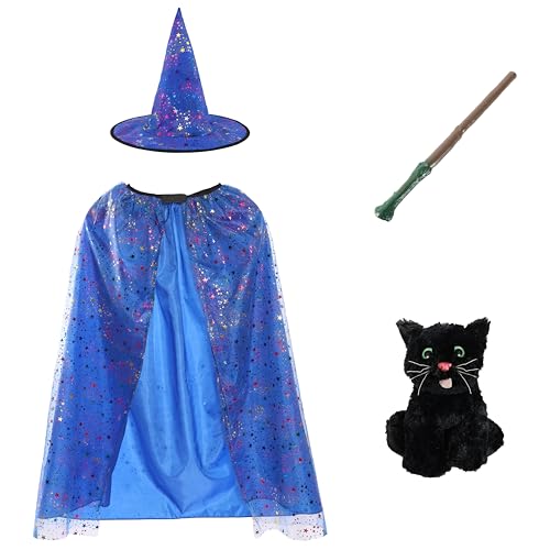 Hexen-Zubehör-Set für Mädchen, langer blauer Umhang mit silberner Sterndekoration, passendem Spitzhut, Zauberstab und schwarzer Katze, Kinderhexe, gruseliges Halloween-Weltbuchtagskostüm Hexen-Zubehör-Set für Mädchen, langer blauer Umhang mit silberner Sterndekoration, passendem Spitzhut, Zauberstab und schwarzer Katze, Kinderhexe, gruseliges Halloween-Weltbuchtagskostüm von I LOVE FANCY DRESS