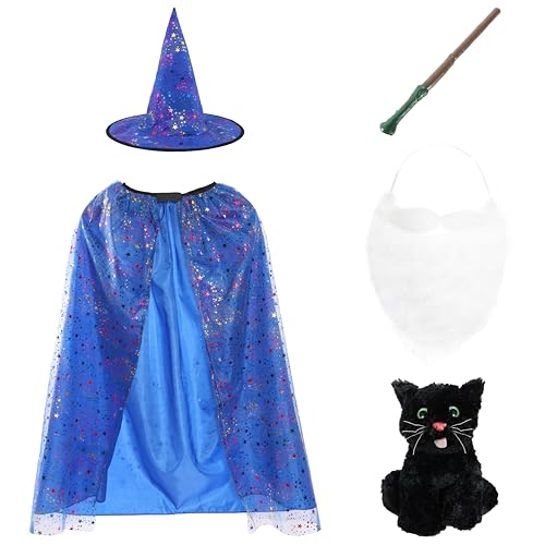 Hexen-Zubehör-Set für Mädchen, langer blauer Umhang mit silberner Sterndekoration, passender spitzer Hut, Zauberstab, weißer Bart und schwarzer Katze, Kinderhexe, gruseliges von I LOVE FANCY DRESS