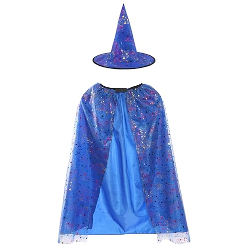 Hexen-Zubehör-Set für Mädchen, langer blauer Umhang mit silberner Sterndekoration und passendem spitzem Hut – Kinderhexe, gruseliges Halloween-Weltbuchtagskostüm von I LOVE FANCY DRESS