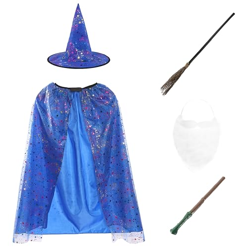 Hexenkostüm-Set für Kinder – Umhang, Hut, Zauberstab, Besen und weißer Bart – perfekt für Halloween, Süßes oder Saures und Kostümpartys von I LOVE FANCY DRESS