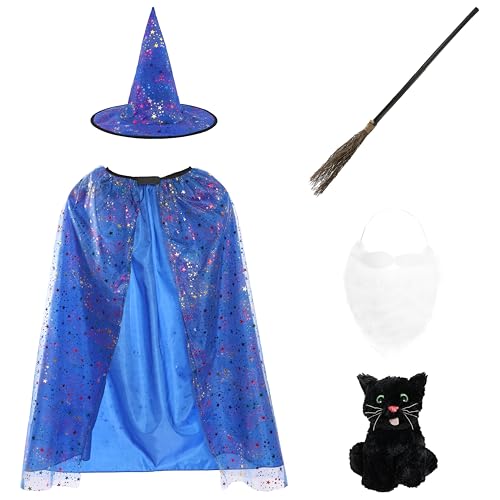 Hexenumhang und Hut für Kinder, Halloween-Kostüm, mit Besenstab, weißem Bart und schwarzer Plüschkatze, gruseliges Kinderkostüm für Süßes oder Saures, Schulpartys, Cosplay und Verkleidungsspaß von I LOVE FANCY DRESS