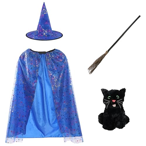 Hexenumhang und Hut für Kinder, Halloween-Kostüm, mit Besenstiel und schwarzer Plüschkatze – Gruseliges Kinderkostüm für Süßes oder Saures, Schulpartys, Cosplay und magischer Verkleidungsspaß Hexenumhang und Hut für Kinder, Halloween-Kostüm, mit Besenstiel und schwarzer Plüschkatze – Gruseliges Kinderkostüm für Süßes oder Saures, Schulpartys, Cosplay und magischer Verkleidungsspaß von I LOVE FANCY DRESS