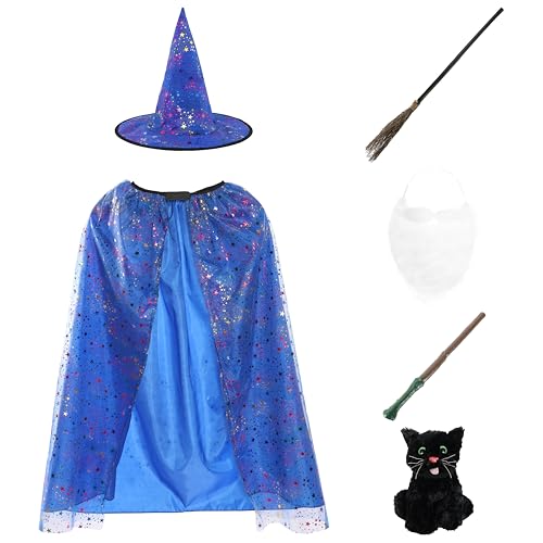 Hexenumhang und Hut für Kinder, Halloween-Kostüm, mit schwarzer Plüschkatze, Besenstab, Zauberstab und weißem Bart – Gruseliges Kinderkostüm für Süßes oder Saures, Schulpartys, Cosplay und von I LOVE FANCY DRESS