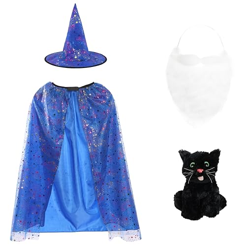 Hexenumhang und Hut für Kinder, Halloween-Kostüm, mit weißem Bart und Plüsch-Katzenspielzeug, magisches Kinderkostüm für Süßes oder Saures, Cosplay, Schulpartys und Verkleidungsspaß von I LOVE FANCY DRESS