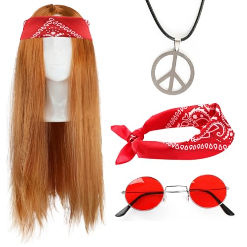 Hippie Kostüm Zubehör Set - Lange Perücke mit rotem Bandana, Peace Halskette & Runde Sonnenbrille - 60er 70er Jahre Verkleidung für Festivals & Partys Hippie Kostüm Zubehör Set - Lange Perücke mit rotem Bandana, Peace Halskette & Runde Sonnenbrille - 60er 70er Jahre Verkleidung für Festivals & Partys von I LOVE FANCY DRESS