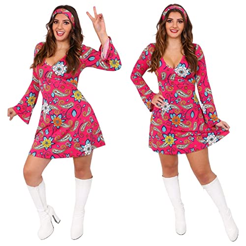 Hippie-Kostüm für Damen – 60er/70er Jahre Hippie-Kostüm – Pink Gogo-Kleid + passendes Stirnband – 1960/1970er Jahre Kleid (Größe M) von I LOVE FANCY DRESS
