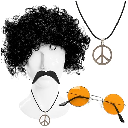 Hippie-Zubehör-Set – schwarze Afro-Perücke, Schnurrbart, orangefarbene Linse, runde Brille und Halskette mit Friedens-Symbol-Anhänger – perfekt für jedes Kostüm Hippie-Zubehör-Set – schwarze Afro-Perücke, Schnurrbart, orangefarbene Linse, runde Brille und Halskette mit Friedens-Symbol-Anhänger – perfekt für jedes Kostüm von I LOVE FANCY DRESS