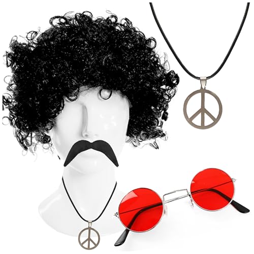 Hippie-Zubehör-Set – schwarze Afro-Perücke, Schnurrbart, rote Linse, runde Brille und Halskette mit Friedens-Symbol-Anhänger – perfekt für jedes Kostüm Hippie-Zubehör-Set – schwarze Afro-Perücke, Schnurrbart, rote Linse, runde Brille und Halskette mit Friedens-Symbol-Anhänger – perfekt für jedes Kostüm von I LOVE FANCY DRESS