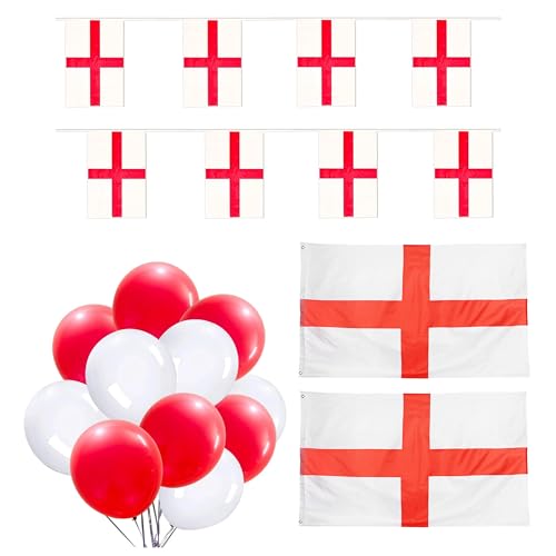 I LOVE FANCY DRESS 24-teiliges Party-Set für England-Fans, 2 x große 152 x 91 cm große England-Flaggen, 2 x Flaggen-Wimpelkette, 10 x rote Luftballons und 10 x weiße Luftballons, perfekt für Sport von I LOVE FANCY DRESS