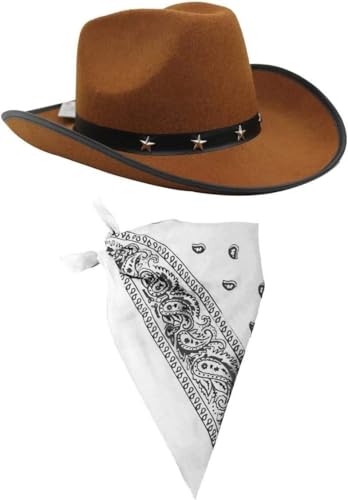 I LOVE FANCY DRESS Cowboy-Kostüm mit Bandana, Cowboy-Hut, brauner Cowboyhut und weißem Bandana mit schwarzen Motiven, Themenpartys (12 Stück) von I LOVE FANCY DRESS