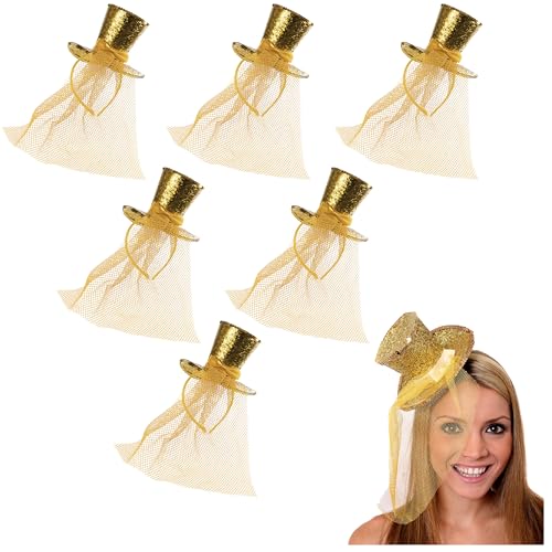 I LOVE FANCY DRESS Damen Gold Glitzer Zylinder – 6 Stück – Mini-Pailletten-Zylinder mit befestigtem Fascinator-Schleier – Weihnachts-Kostüm-Zubehör von I LOVE FANCY DRESS