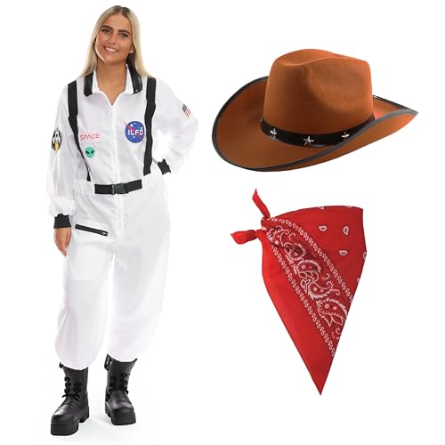 I LOVE FANCY DRESS Damen Weltraum-Cowboy-Kostüm-Set, Größe XL, Astronauten-Overall mit braunem Cowboyhut und rotem Bandana I LOVE FANCY DRESS Damen Weltraum-Cowboy-Kostüm-Set, Größe XL, Astronauten-Overall mit braunem Cowboyhut und rotem Bandana von I LOVE FANCY DRESS