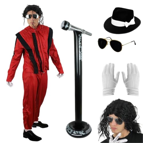 I LOVE FANCY DRESS Deluxe King of Pop Kostüm für Erwachsene, rote Jacke und Hose, Fliegerbrille, schwarz-weißer Hut, weiße Handschuhe, lockige schwarze Perücke und aufblasbares Stehmikrofon, Größe S von I LOVE FANCY DRESS
