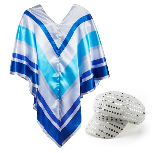 I LOVE FANCY DRESS Disco-Kostüm für Erwachsene, 70er-Jahre-Stil, silberfarbene Kappe mit silbernen Pailletten und dunkelblauem, weißem, grauem und hellblauem gestreiftem Satin-Poncho – perfekt für I LOVE FANCY DRESS Disco-Kostüm für Erwachsene, 70er-Jahre-Stil, silberfarbene Kappe mit silbernen Pailletten und dunkelblauem, weißem, grauem und hellblauem gestreiftem Satin-Poncho – perfekt für von I LOVE FANCY DRESS