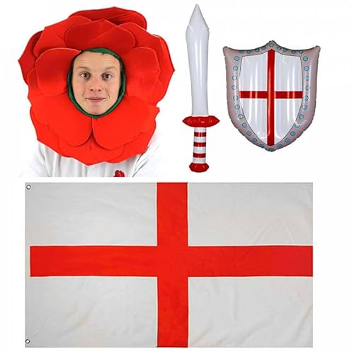 I LOVE FANCY DRESS England-Zubehör-Set – England-Rosenhut, aufblasbares England-Schwert und große England-Flagge, 152 x 91 cm, perfekt für alle England-Events und St. Georges Day von I LOVE FANCY DRESS