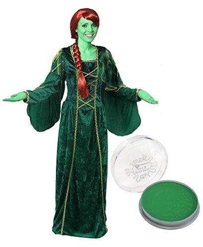 I LOVE FANCY DRESS FIONA PRINZESSIN KOSTÜM VERKLEIDUNG - RENAISSANCE TUDOR KÖNIGIN - GRÜNES KLEID MIT GOLDENEN STICKERIEN + ROTE ZOPF PERÜCKE + GRÜNES MAKE UP (X-GROẞ) von I LOVE FANCY DRESS