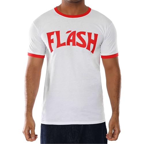 I LOVE FANCY DRESS Flash Gordon Ringer T-Shirt – XXL – Retro 80er Jahre Stil weißes T-Shirt mit roten Ringen & ikonischem Blitzdruck – 100% Baumwolle Fruit of the Loom – klassische Passform von I LOVE FANCY DRESS