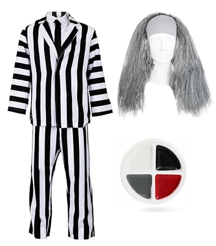 I LOVE FANCY DRESS GESTREIFTER Anzug Halloween KOSTÜM Herren SCHWARZ & Weiss GESTREIFTER Anzug & Hemd VORNE + Schwarze Krawatte + PERÜCKE + GESICHTSFARBE (X-GROẞ) von I LOVE FANCY DRESS