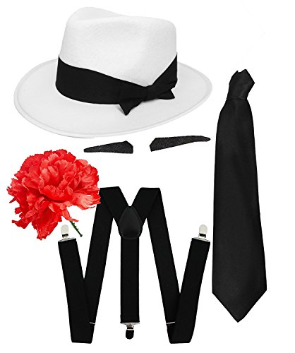 I LOVE FANCY DRESS Gangster Kostüm 1920er Reihe Zubehör Schwarz Hosenträger + Schwarz Tie + 3 Spiv Schnurr + weiß mit Schwarz Schleife Fedora-Hut I LOVE FANCY DRESS Gangster Kostüm 1920er Reihe Zubehör Schwarz Hosenträger + Schwarz Tie + 3 Spiv Schnurr + weiß mit Schwarz Schleife Fedora-Hut von I LOVE FANCY DRESS