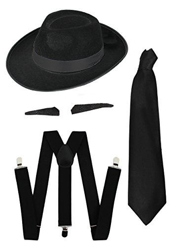 I LOVE FANCY DRESS Gangster Kostüm der 1920er Reihe Zubehör Schwarz Hosenträger + Schwarz Tie + Schnurrbart/Spiv Schnurr + Schwarz mit Schleife Schwarz Fedora-Hut I LOVE FANCY DRESS Gangster Kostüm der 1920er Reihe Zubehör Schwarz Hosenträger + Schwarz Tie + Schnurrbart/Spiv Schnurr + Schwarz mit Schleife Schwarz Fedora-Hut von I LOVE FANCY DRESS