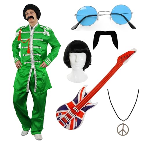 I LOVE FANCY DRESS Green Sgt. Pepper inspiriertes Kostüm-Set – klein – inklusive Jacke, Perücke, aufblasbarer Union Jack-Gitarre, runder Brille, Schnurrbart und Friedenskette I LOVE FANCY DRESS Green Sgt. Pepper inspiriertes Kostüm-Set – klein – inklusive Jacke, Perücke, aufblasbarer Union Jack-Gitarre, runder Brille, Schnurrbart und Friedenskette von I LOVE FANCY DRESS
