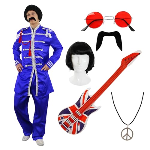 I LOVE FANCY DRESS Herren Blau Retro Band Kostüm Set - Medium - Jacke, Perücke, rote Brille, Schnurrbart, Union Jack Gitarre & Peace Halskette I LOVE FANCY DRESS Herren Blau Retro Band Kostüm Set - Medium - Jacke, Perücke, rote Brille, Schnurrbart, Union Jack Gitarre & Peace Halskette von I LOVE FANCY DRESS