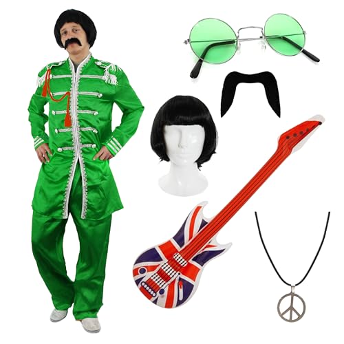 I LOVE FANCY DRESS Herren Grünes Retro Band Kostüm Set - Große Sgt. Stil Jacke, Perücke, Grüne Brille, Schnurrbart, Union Jack Gitarre & Peace Halskette I LOVE FANCY DRESS Herren Grünes Retro Band Kostüm Set - Große Sgt. Stil Jacke, Perücke, Grüne Brille, Schnurrbart, Union Jack Gitarre & Peace Halskette von I LOVE FANCY DRESS
