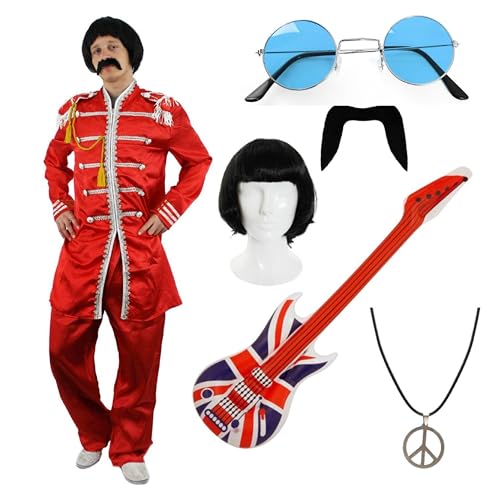 I LOVE FANCY DRESS Herren Retro Band Kostüm Set - Klein - Rote Jacke, Perücke, Union Jack Gitarre, Peace Halskette, Brille & Schnurrbart - Klein von I LOVE FANCY DRESS