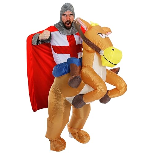 I LOVE FANCY DRESS Herren St. George's Knight Kostüm – XXL – Englische Flagge, Tunika mit grauer Kapuze und aufblasbarem Pferdekostüm – König Arthur Excalibur lustige Neuheit Fußball Six Nations Rugby von I LOVE FANCY DRESS