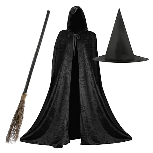I LOVE FANCY DRESS Hexenkostüm Damen - Schwarzer Velours-Umhang, Spitzer Hexenhut und 3-teiliger Hexenbesen - Halloween Kostüm für Erwachsene von I LOVE FANCY DRESS