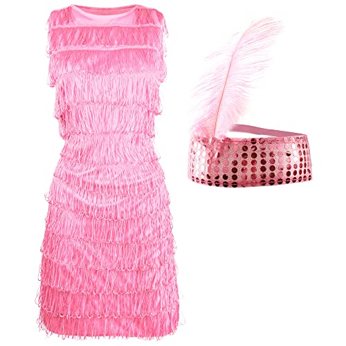 I LOVE FANCY DRESS Kinder Flapper Fransen Kleid In Rosa - Mit Dazugehörigem Stirnband Mit Feder - Das Kleid Hat Fransen Auf Der Vorderseite (10-12 Jahre) von I LOVE FANCY DRESS