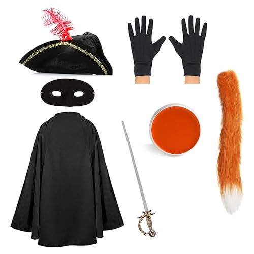 Kinder-Katzen-Banditen-Kostüm – schwarzer Dreihornhut, schwarzer Umhang, schwarze Augenmaske, schwarze Handschuhe, falsches Schwert, orangefarbener Katzenschwanz, orangefarbene Gesichtsfarbe – von I LOVE FANCY DRESS