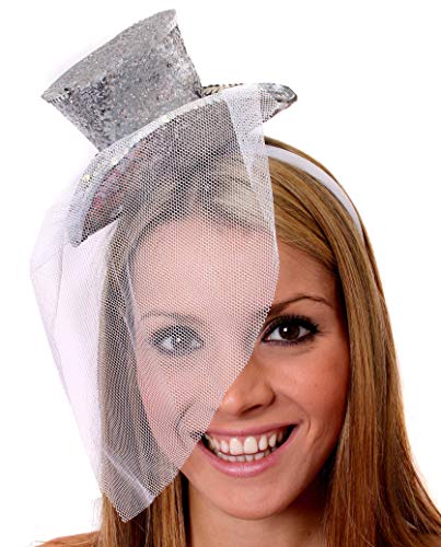 I LOVE FANCY DRESS Mini Glitter Zylinder Hut Variation =MIT Netz AN EINEM HAARREIF= ERHALTBAR IN 8 SUPER GLITZERNDEN Farben = IN VERSCHIEDENEN STÜCKZAHLEN+MIT BOA ODER OHNE = 12 Silberne von I LOVE FANCY DRESS
