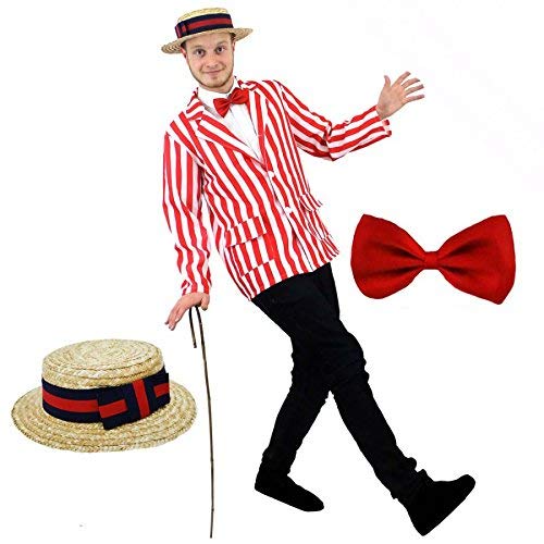 I LOVE FANCY DRESS ROT UND WEIß Streifen Blazer + Stroh Boater Hut MIT Marine & ROTE Band + ROTE Fliege Barbershop Edwardian Perfecto FÜR AUSGEFALLENE Kleid ODER Buch Woche Jacke 1920 Show (X-GROß) von I LOVE FANCY DRESS