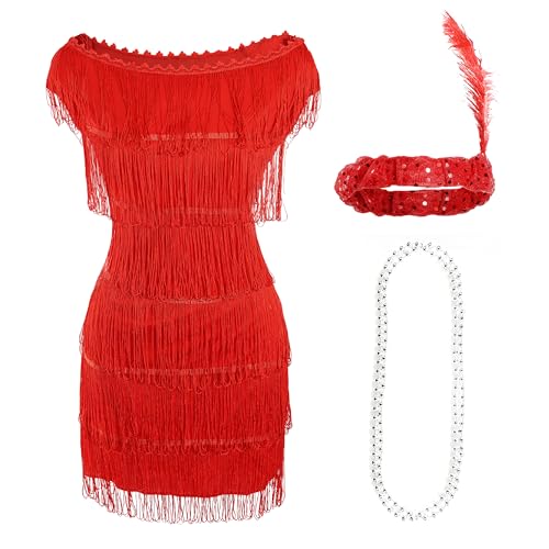I LOVE FANCY DRESS Rot Deluxe Flapper Kleid - Large - Damen Deluxe Rot Flapper Kostüm mit passendes Paillettenstirnband und Silberperlenkette - Partykleid der 1920er Jahre von I LOVE FANCY DRESS