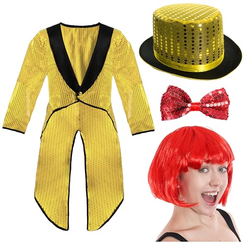 I LOVE FANCY DRESS Tanzendes Groupie-Kostüm für Erwachsene, Größe M, goldfarbener Zylinder, roter Bob-Perücke, goldener Pailletten-Frack und rote Pailletten-Fliege, perfekt für Halloween und I LOVE FANCY DRESS Tanzendes Groupie-Kostüm für Erwachsene, Größe M, goldfarbener Zylinder, roter Bob-Perücke, goldener Pailletten-Frack und rote Pailletten-Fliege, perfekt für Halloween und von I LOVE FANCY DRESS