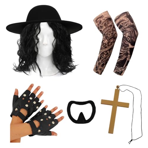 I LOVE FANCY DRESS Wrestler-Kostüm-Set für Erwachsene, 1990er-Jahre, Schwarz, gekräuselte Perücke, Hut, Tattoo-Ärmel, Handschuhe, Ziegenbart, Goldkreuz, Erwachsenen-Unisex-Wrestling-Kostüm-Zubehör-Set I LOVE FANCY DRESS Wrestler-Kostüm-Set für Erwachsene, 1990er-Jahre, Schwarz, gekräuselte Perücke, Hut, Tattoo-Ärmel, Handschuhe, Ziegenbart, Goldkreuz, Erwachsenen-Unisex-Wrestling-Kostüm-Zubehör-Set von I LOVE FANCY DRESS