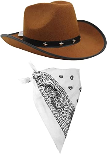 ILOVEFANCYDRESS Cowboy-Kostüm-Set, brauner Cowboyhut und farbiges weißes Paisley-Bandana, Wildwest-Western-Scherff-Bandana, weißes Bandana, 3 Stück ILOVEFANCYDRESS Cowboy-Kostüm-Set, brauner Cowboyhut und farbiges weißes Paisley-Bandana, Wildwest-Western-Scherff-Bandana, weißes Bandana, 3 Stück von I LOVE FANCY DRESS