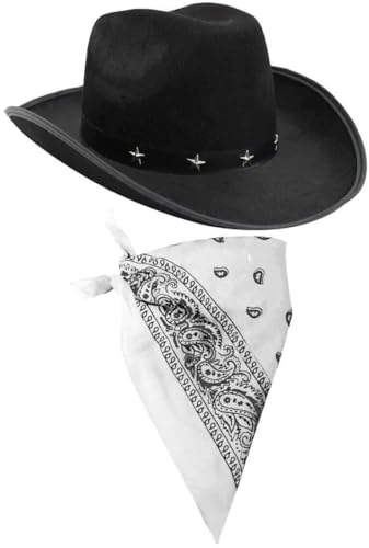 ILOVEFANCYDRESS Cowboy Zubehör-Set mit schwarzem Cowboyhut mit Stern-Nieten und Band und farbiges Bandana / Tuch mit Paisley-Muster ILOVEFANCYDRESS Cowboy Zubehör-Set mit schwarzem Cowboyhut mit Stern-Nieten und Band und farbiges Bandana / Tuch mit Paisley-Muster von I LOVE FANCY DRESS