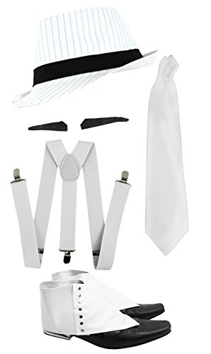 I LOVE FANCY DRESS Gangster Kostüm der 1920er Reihe -Zubehör Set Deluxe -Weiße Hosenträger + Weiße Krawatte + Schwarzer Spiv/Schnurrbart + Gamaschen + Weißer Nadelstreifen-Fedora-Hut I LOVE FANCY DRESS Gangster Kostüm der 1920er Reihe -Zubehör Set Deluxe -Weiße Hosenträger + Weiße Krawatte + Schwarzer Spiv/Schnurrbart + Gamaschen + Weißer Nadelstreifen-Fedora-Hut von I LOVE FANCY DRESS