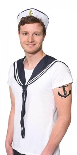 ILOVEFANCYDRESS Herren Matrosen-Set, Kostüm-Accessoire, Unisex-Set – einfarbiger weißer Matrosenhut mit goldfarbenem Anker und marineblauem und weißem Schal, nautisches Marineblau-Outfit ILOVEFANCYDRESS Herren Matrosen-Set, Kostüm-Accessoire, Unisex-Set – einfarbiger weißer Matrosenhut mit goldfarbenem Anker und marineblauem und weißem Schal, nautisches Marineblau-Outfit von I LOVE FANCY DRESS