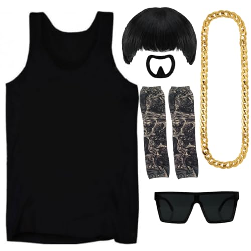 Ibiza Final Boss Kostüm - Bowl-Cut Perücke, schwarze Weste, Goldkette, Ziegenbart, 2 Tattoo-Ärmel & schwarze Brille - Lustiges Faschings-Outfit für Halloween Festivals & Partys von I LOVE FANCY DRESS
