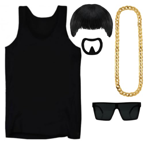 Ibiza Final Boss Kostüm - Perücke mit Schalenschnitt, schwarze Weste, goldene Kette, Ziegenbart & schwarze Brille - lustiges Faschings-Outfit für Halloween-Festivals & Partys - Klein von I LOVE FANCY DRESS