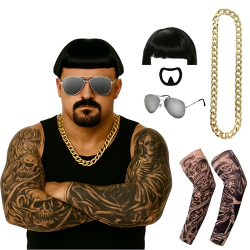 Ibiza Final Boss Kostüm – Rave-Zubehör-Set – Schwarze Perücke mit Schalenschnitt, Ziegenbart, Goldkette, gefälschte Tattoos & Schattierungen – Lustiges Kostüm-Set für Festivals & Partys Trend von I LOVE FANCY DRESS