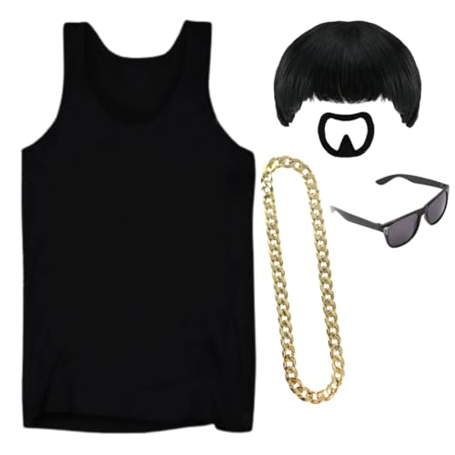 Ibiza Final Boss Kostüm - Schwarze Weste, Schalenschnitt Perücke, Goldkette, Ziegenbart & Schwarze Brille - Lustiges Faschings-Outfit für Festivals & Partys - Klein von I LOVE FANCY DRESS