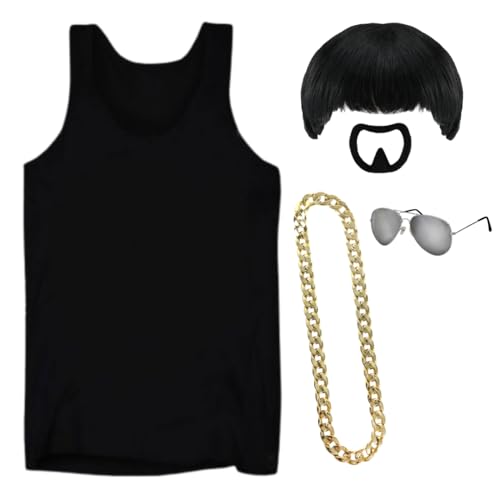 Ibiza Final Boss Kostüm - Schwarze Weste, Schalenschnitt Perücke, Goldkette, Ziegenbart & Silberbrille - Lustiges Faschings-Outfit für Festivals & Partys - XL von I LOVE FANCY DRESS