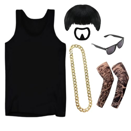 Ibiza Final Boss Kostüm - Schwarze Weste, Schalenschnitt Perücke, Tattoo-Ärmel, Goldkette, Ziegenbart & Schwarze Brille - Lustiges Faschings-Outfit für Festivals & Partys - Klein von I LOVE FANCY DRESS