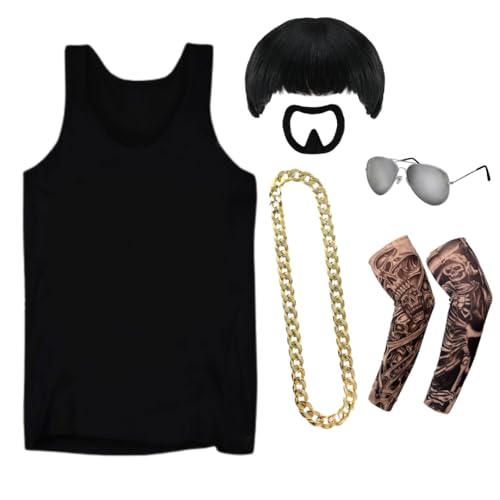 Ibiza Final Boss Kostüm - Schwarze Weste, Schalenschnitt Perücke, Tattoo-Ärmel, Goldkette, Ziegenbart & Silberbrille - Lustiges Faschings-Outfit für Festivals & Partys - Groß von I LOVE FANCY DRESS