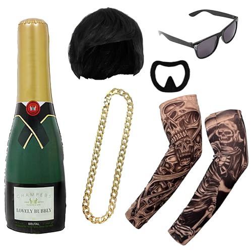 Ibiza Final Boss Kostüm-Set mit Schalenschnitt-Perücke, gefälschten Tattoo-Ärmeln, Goldkette, Schattierungen, 73 cm aufblasbare Champagnerflasche und Ziegenbart zum Aufkleben – lustiges von I LOVE FANCY DRESS